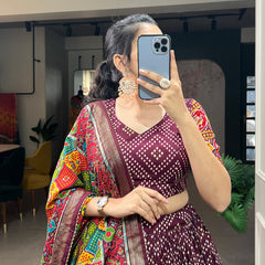 Maroon Bandhani Print Lehenga Choli with Multicolor Patola Dupatta