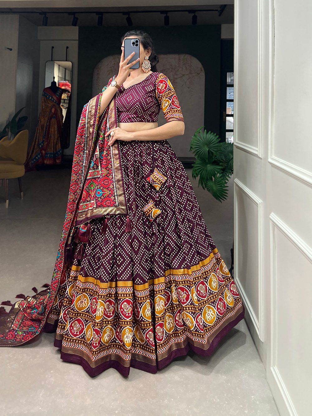Maroon Bandhani Print Lehenga Choli with Multicolor Patola Dupatta