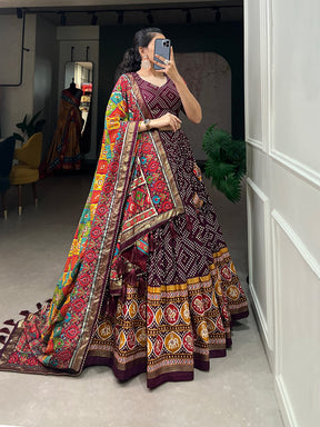 Maroon Bandhani Print Lehenga Choli with Multicolor Patola Dupatta