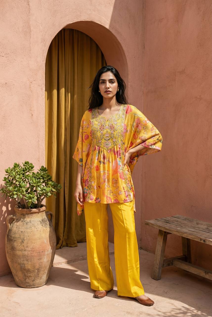 Mustard Yellow Floral Printed Kaftan Style Kurti with Palazzo Pants for Women