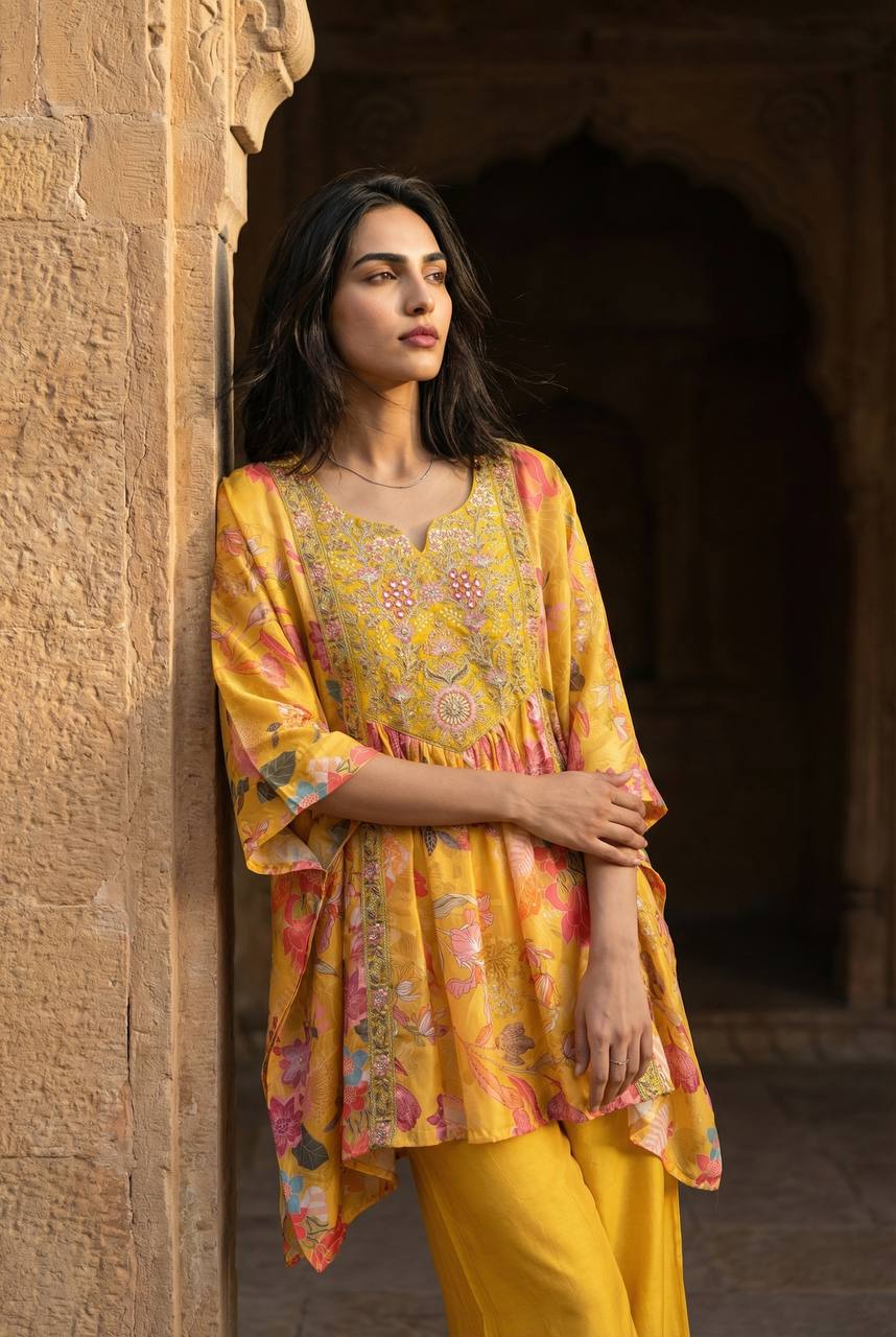 Mustard Yellow Floral Printed Kaftan Style Kurti with Palazzo Pants for Women