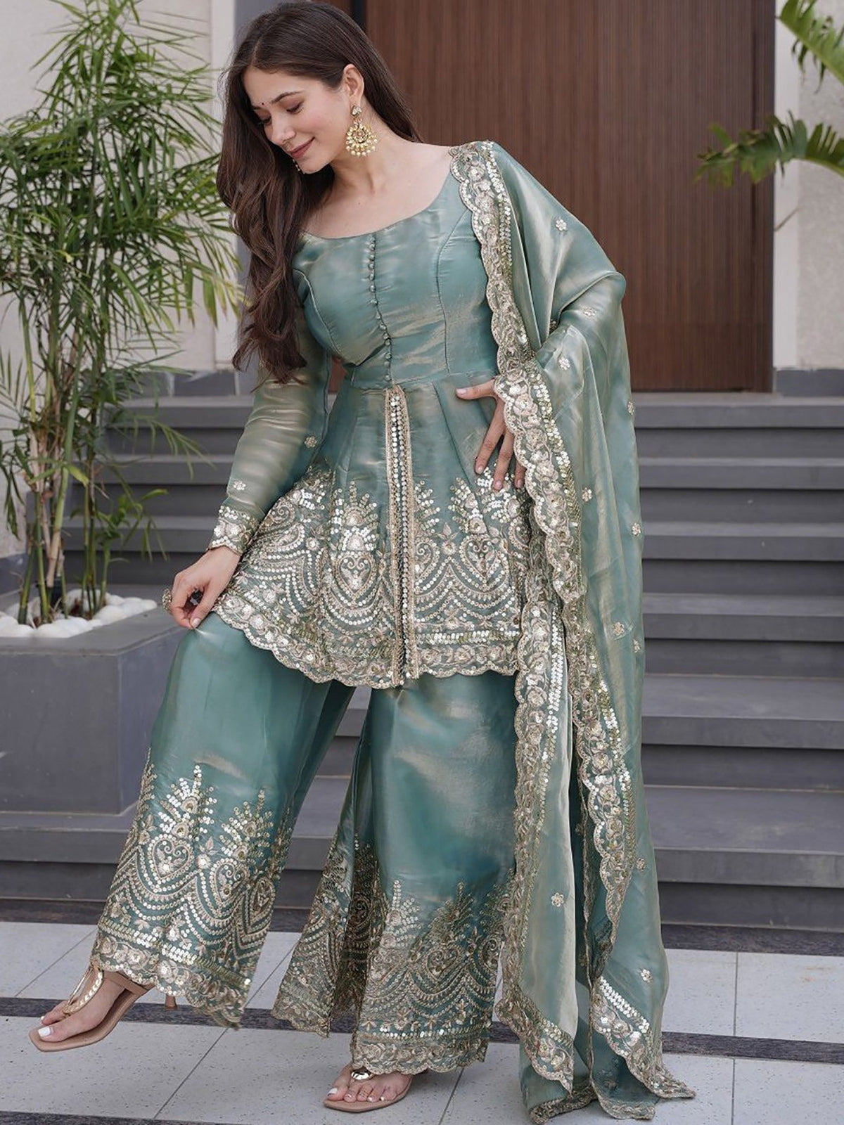 Sea Green Embroidered Peplum Kurta palazzo Set with Dupatta for Women