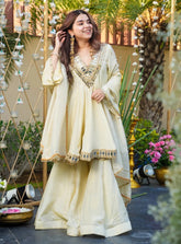 Cream Mirror Work Anarkali Kurta with Palazzo & Dupatta for Women