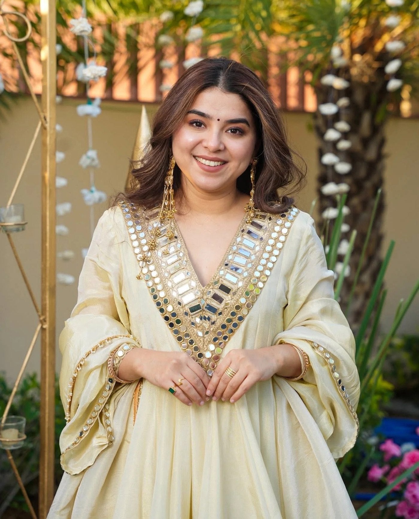 Cream Mirror Work Anarkali Kurta with Palazzo & Dupatta for Women