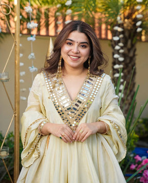 Cream Mirror Work Anarkali Kurta with Palazzo & Dupatta for Women