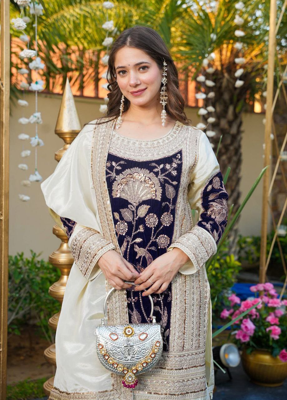 Navy Blue & Cream Heavy Embroidered Kurta Palazzo Set with Dupatta for Women