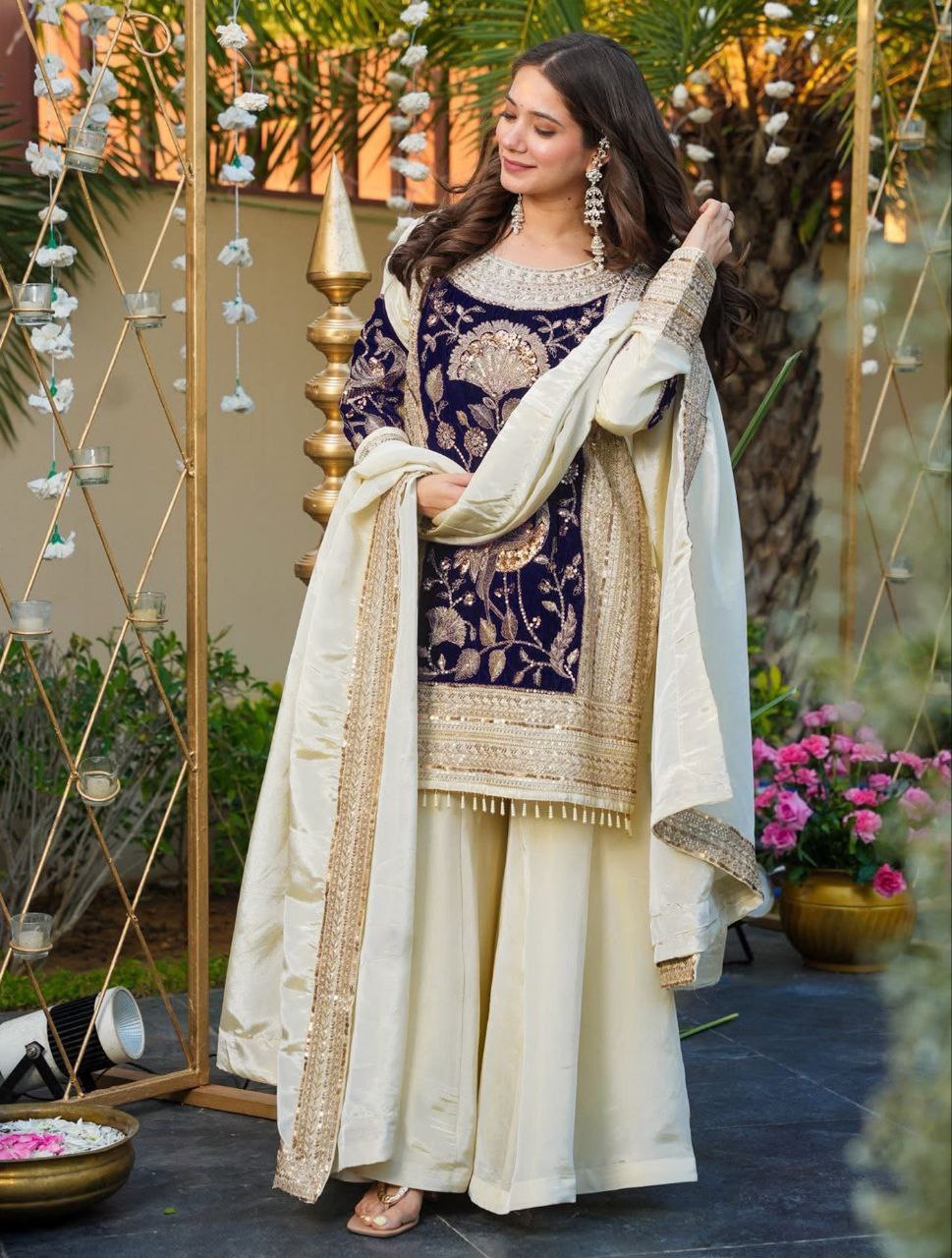 Navy Blue & Cream Heavy Embroidered Kurta Palazzo Set with Dupatta for Women
