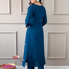 Women Teal Blue Embroidered Kurta Set with Floral Organza Dupatta