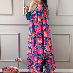 Women Teal Blue Embroidered Kurta Set with Floral Organza Dupatta