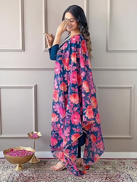 Women Teal Blue Embroidered Kurta Set with Floral Organza Dupatta
