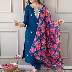 Women Teal Blue Embroidered Kurta Set with Floral Organza Dupatta