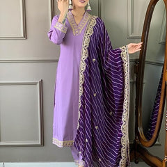 Women Lavender Embroidered Kurta Set with Purple Leheriya Dupatta