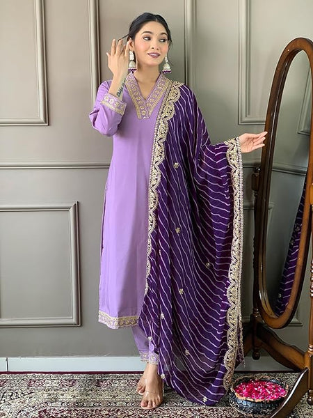 Women Lavender Embroidered Kurta Set with Purple Leheriya Dupatta