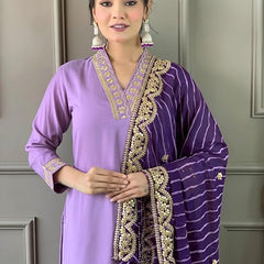 Women Lavender Embroidered Kurta Set with Purple Leheriya Dupatta