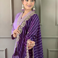Women Lavender Embroidered Kurta Set with Purple Leheriya Dupatta