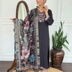 Women Black Embroidered Kurta Set with Floral Organza Dupatta