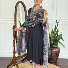 Women Black Embroidered Kurta Set with Floral Organza Dupatta