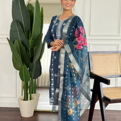 Women Teal Blue Embroidered Kurta Set with Floral Organza Dupatta