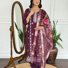 Women Wine Embroidered Kurta Set with Floral Organza Dupatta