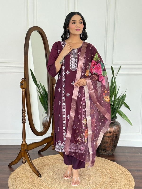 Women Wine Embroidered Kurta Set with Floral Organza Dupatta