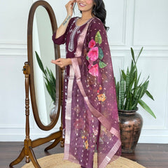 Women Wine Embroidered Kurta Set with Floral Organza Dupatta