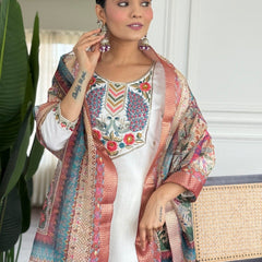 Women Off White Embroidered Kurta Set with Printed Dupatta