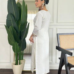 Women Off White Embroidered Kurta Set with Printed Dupatta