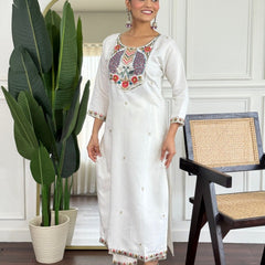 Women Off White Embroidered Kurta Set with Printed Dupatta