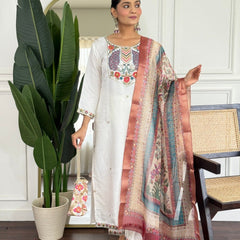 Women Off White Embroidered Kurta Set with Printed Dupatta