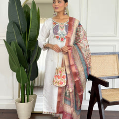 Women Off White Embroidered Kurta Set with Printed Dupatta