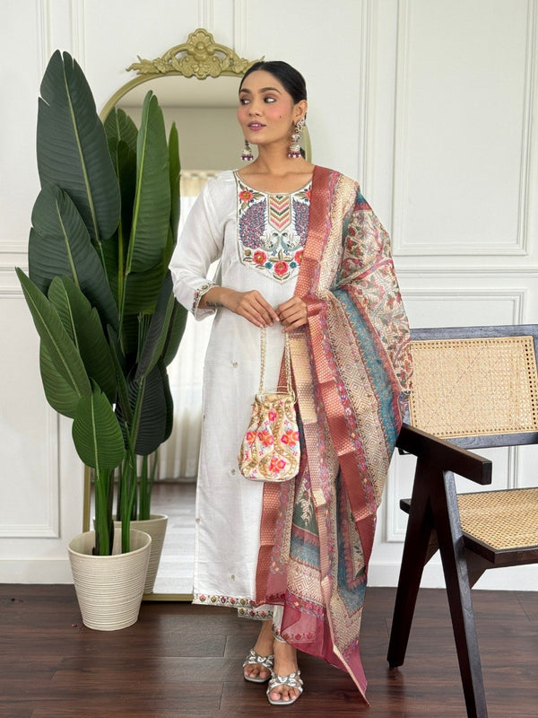 Women Off White Embroidered Kurta Set with Printed Dupatta