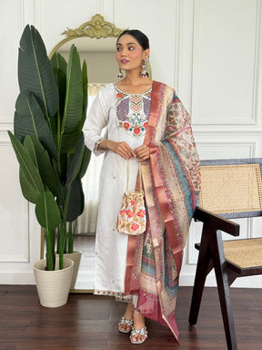 Women Off White Embroidered Kurta Set with Printed Dupatta