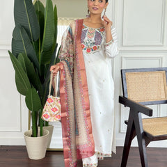 Women Off White Embroidered Kurta Set with Printed Dupatta