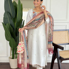 Women Off White Embroidered Kurta Set with Printed Dupatta