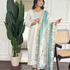 Women Off White Embroidered Kurta Set with Floral Organza Dupatta