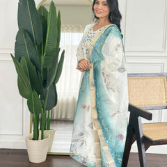 Women Off White Embroidered Kurta Set with Floral Organza Dupatta