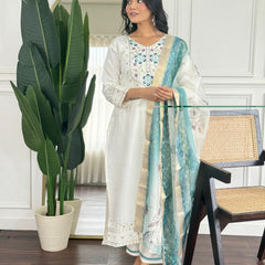 Women Off White Embroidered Kurta Set with Floral Organza Dupatta