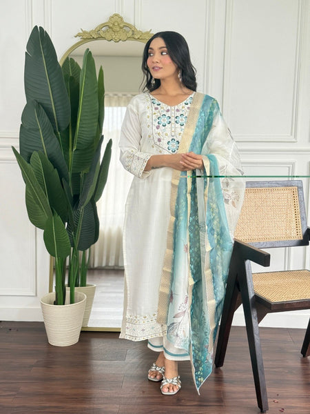 Women Off White Embroidered Kurta Set with Floral Organza Dupatta