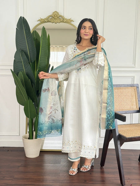 Women Off White Embroidered Kurta Set with Floral Organza Dupatta