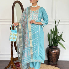 Women Teal Blue Embroidered Kurta Set with Printed Dupatta