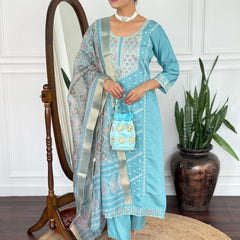 Women Teal Blue Embroidered Kurta Set with Printed Dupatta