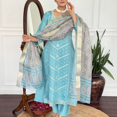 Women Teal Blue Embroidered Kurta Set with Printed Dupatta