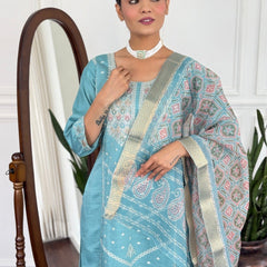 Women Teal Blue Embroidered Kurta Set with Printed Dupatta