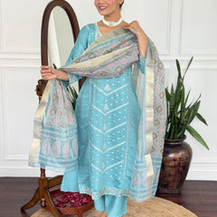 Women Teal Blue Embroidered Kurta Set with Printed Dupatta