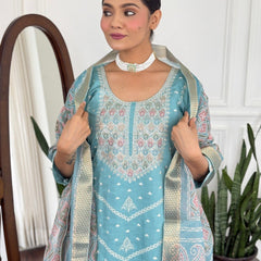 Women Teal Blue Embroidered Kurta Set with Printed Dupatta