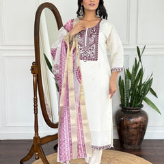 Women Off White Embroidered Kurta Set with Printed Dupatta