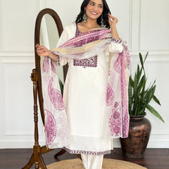 Women Off White Embroidered Kurta Set with Printed Dupatta