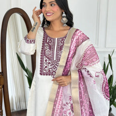 Women Off White Embroidered Kurta Set with Printed Dupatta
