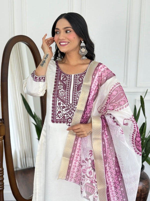 Women Off White Embroidered Kurta Set with Printed Dupatta