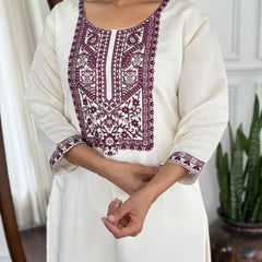 Women Off White Embroidered Kurta Set with Printed Dupatta